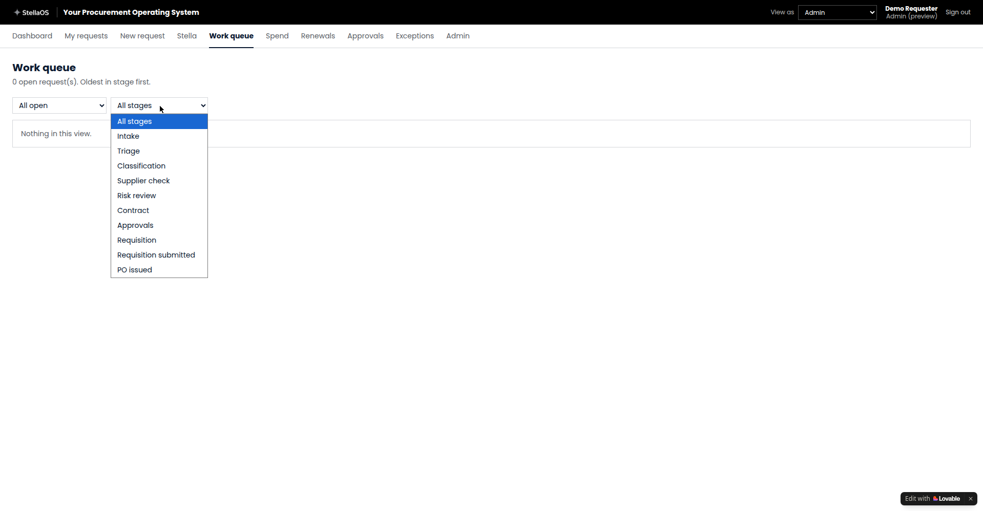 StellaOS intake-to-PO pipeline in the live demo environment